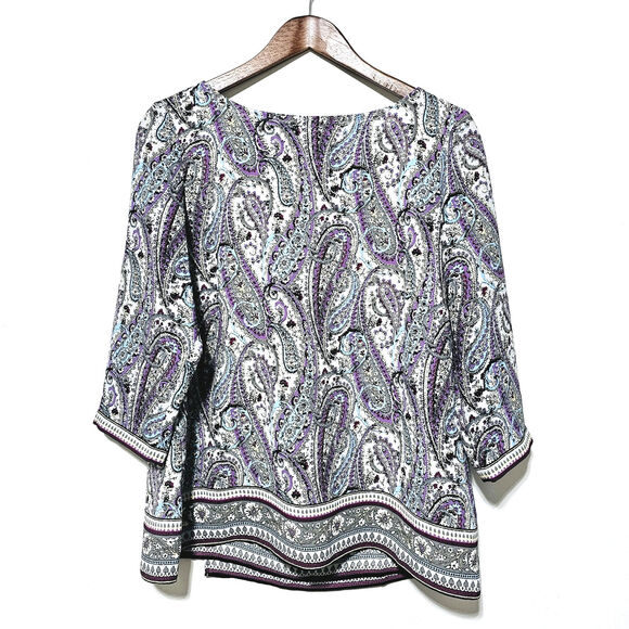J. Jill Blouse Adara Violet Paisley Wrap Back Top 3/4 Sleeve Multicolor MP Boho - Picture 1 of 6